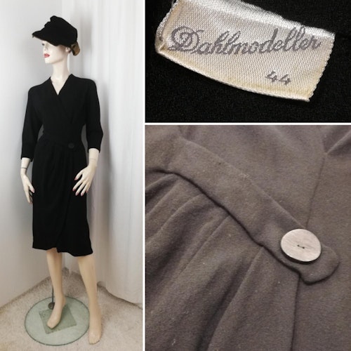 Vintage Retro svart klänning figursydd omlottskuren fina detaljer 3/4 ärm