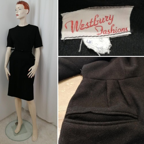 Vintage Retro svart klänning tunn ull figursydd kort ärm snäv kjol 50-tal