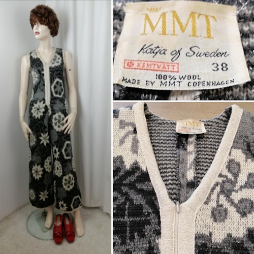 Vintage Retro MMT Katja of Sweden byxdress overall grå mönstrad ull vida ben
