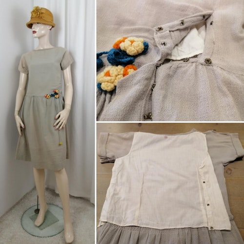 Vintage antik klänning 20-tal beige avskuren höften kort ärm blomdekoration