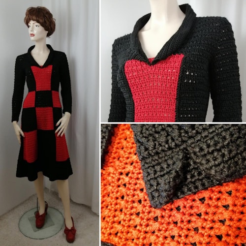 Vintage Retro lång smal klänning röd-svart stickad eller virkad 70-tal