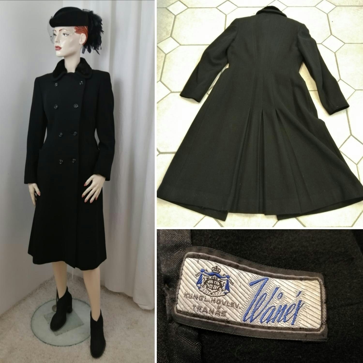 Vintage princess-skuren kappa 40-tal svart pälskrage dubbelknäppt veck  baktill - Vintage Corner Österlen