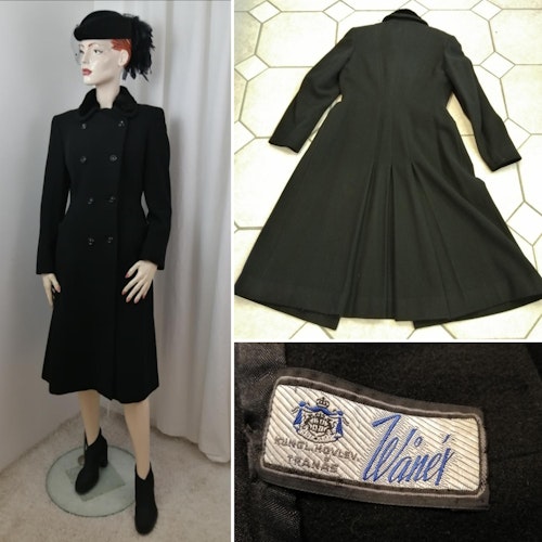Vintage princess-skuren kappa 40-tal svart pälskrage dubbelknäppt veck baktill