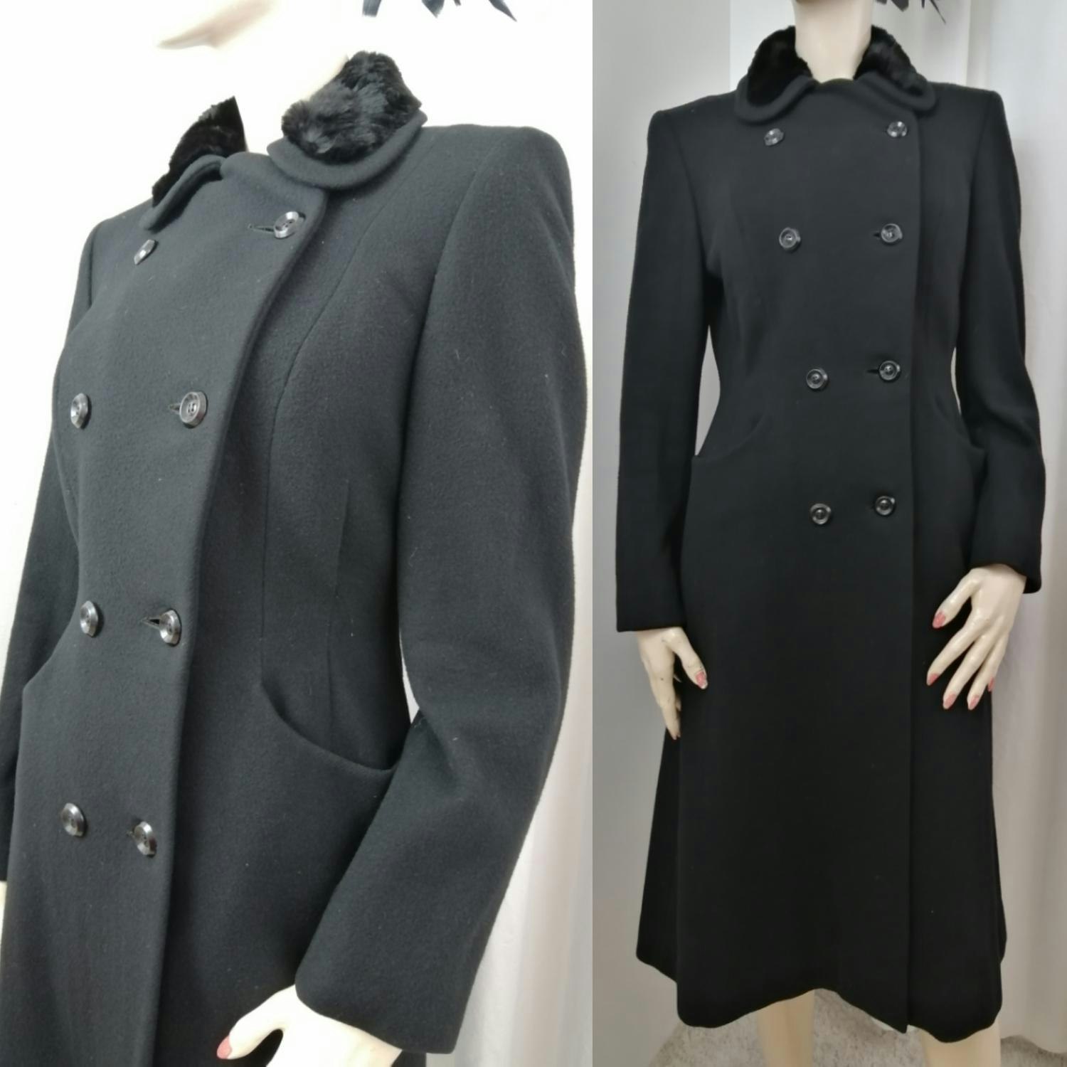Vintage princess-skuren kappa 40-tal svart pälskrage dubbelknäppt veck  baktill - Vintage Corner Österlen