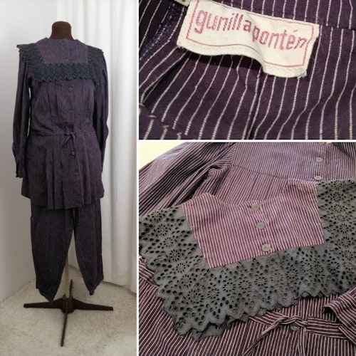 Vintage Retro Gunilla Pontén lila-randig dress tre delar byxor jacka krage 80tal