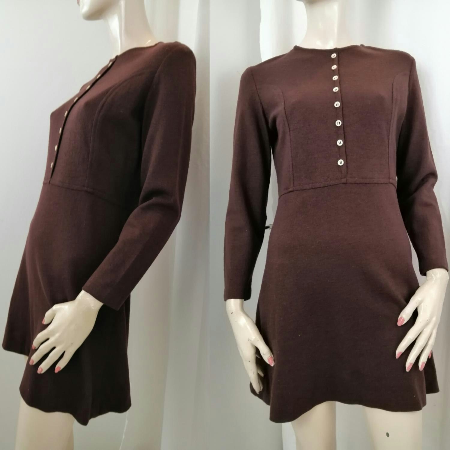 Vintage Retro brun kortkort klänning lång ärm klockad kjol ylle-jersey  60-tal - Vintage Corner Österlen