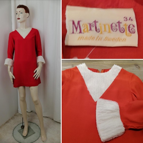 Vintage Retro tomta-klänning från Martinette röd med vit spets kort rak 60-tal