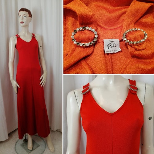 Vintage Retro klarröd lång smal klänning med hängslen 6070-tal