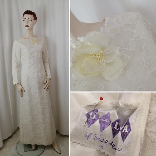 Vintage brudklänning 6070-tal spets rosett bak lång snäv Gala
