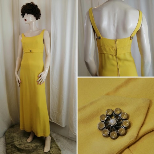 Vintage Retro gul lång smal partyklänning med blomspännen djup rygg
