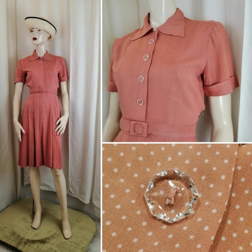 Vintage Retro prydlig rosa klänning med vita prickar kort ärm klätt skärp