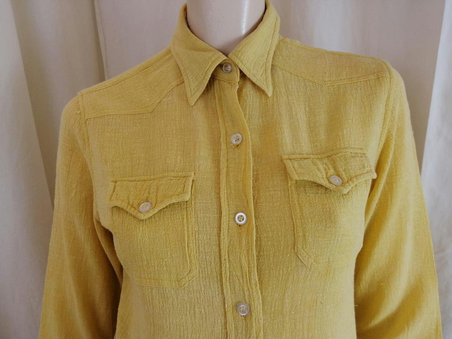 Vintage Retro gul skjorta blus indisk bomull slim lång ärm - Vintage Corner  Österlen