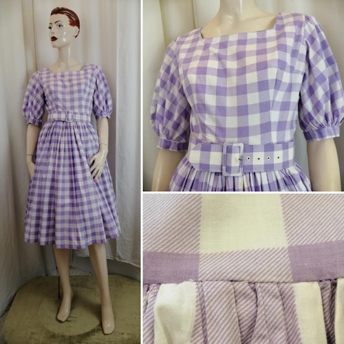 Vintage Retro sommarklänning lila och vit-rutig extra vid kjol skärp 5060s