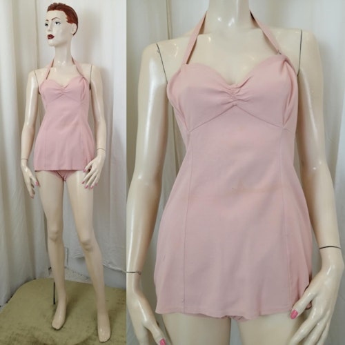 Vintage baddräkt rosa med kjol rynk bysten dragkedja bak nackband