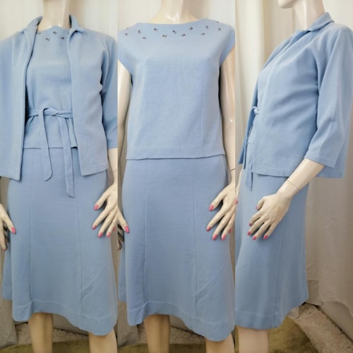 Vintage 3 delad dress ljusblå Jersey kjol, linne, jacka, skärp Solblomman