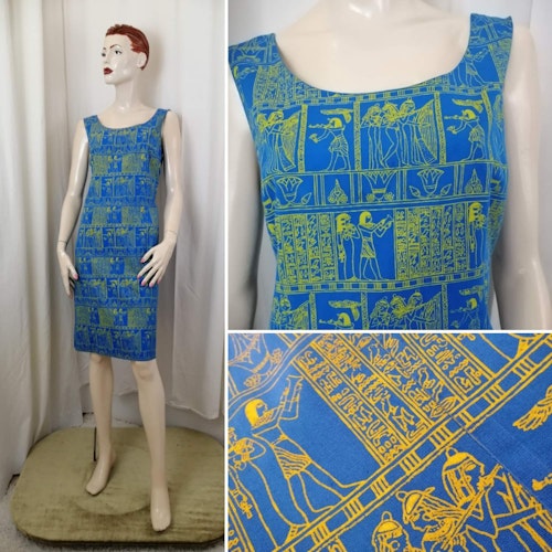 Vintage blå-gul svensk klänning med egyptiska motiv sommarklänning