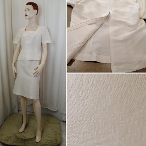 Vintage set blus och kort kjol med slitsar vit thai-siden shantung