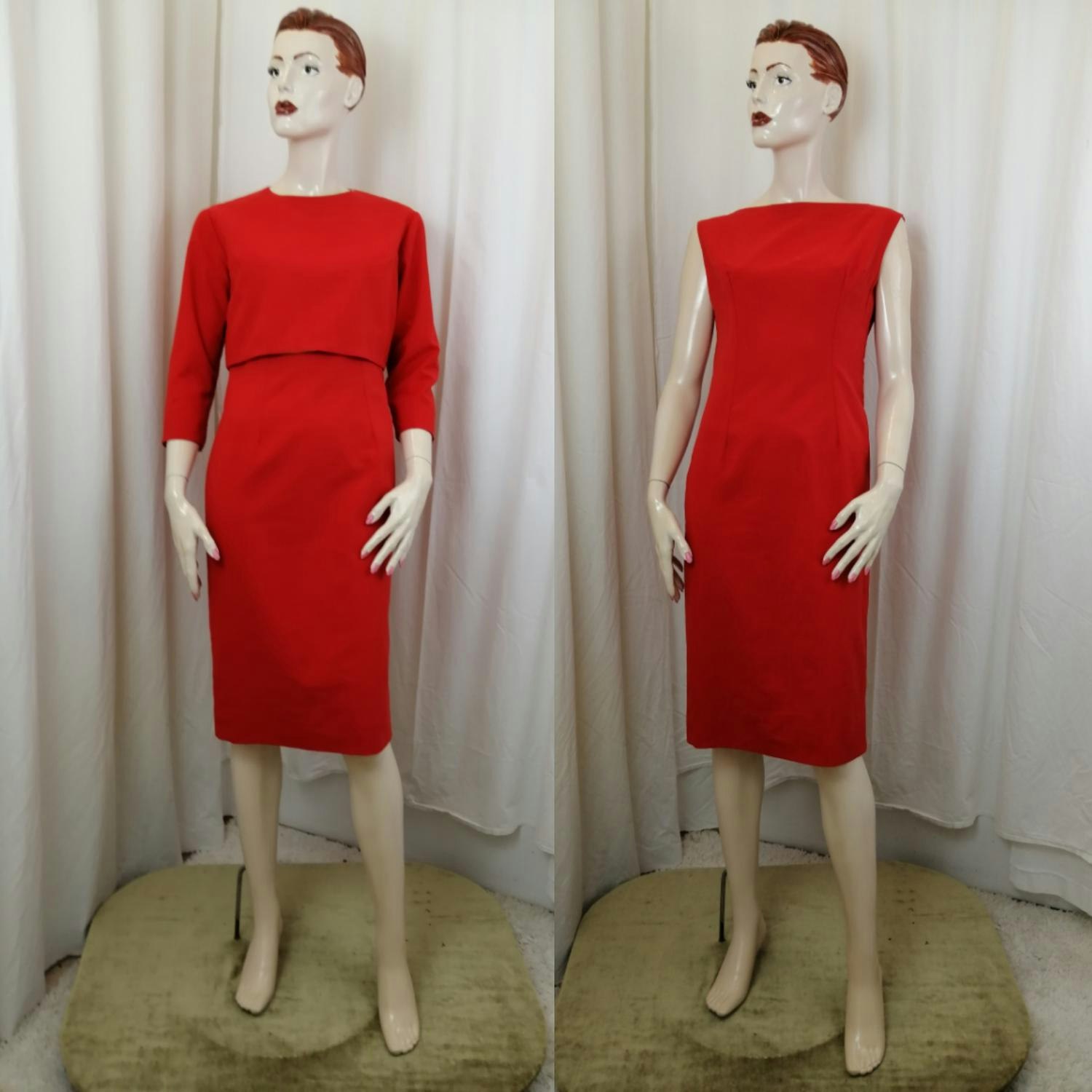 Vintage röd dress fodralklänning och kort jacka med knappar bak 60-tal -  Vintage Corner Österlen