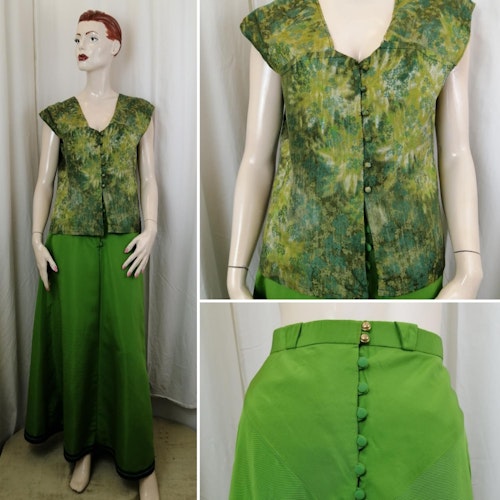 Vintage blommig top och lång klockad kjol i grönt