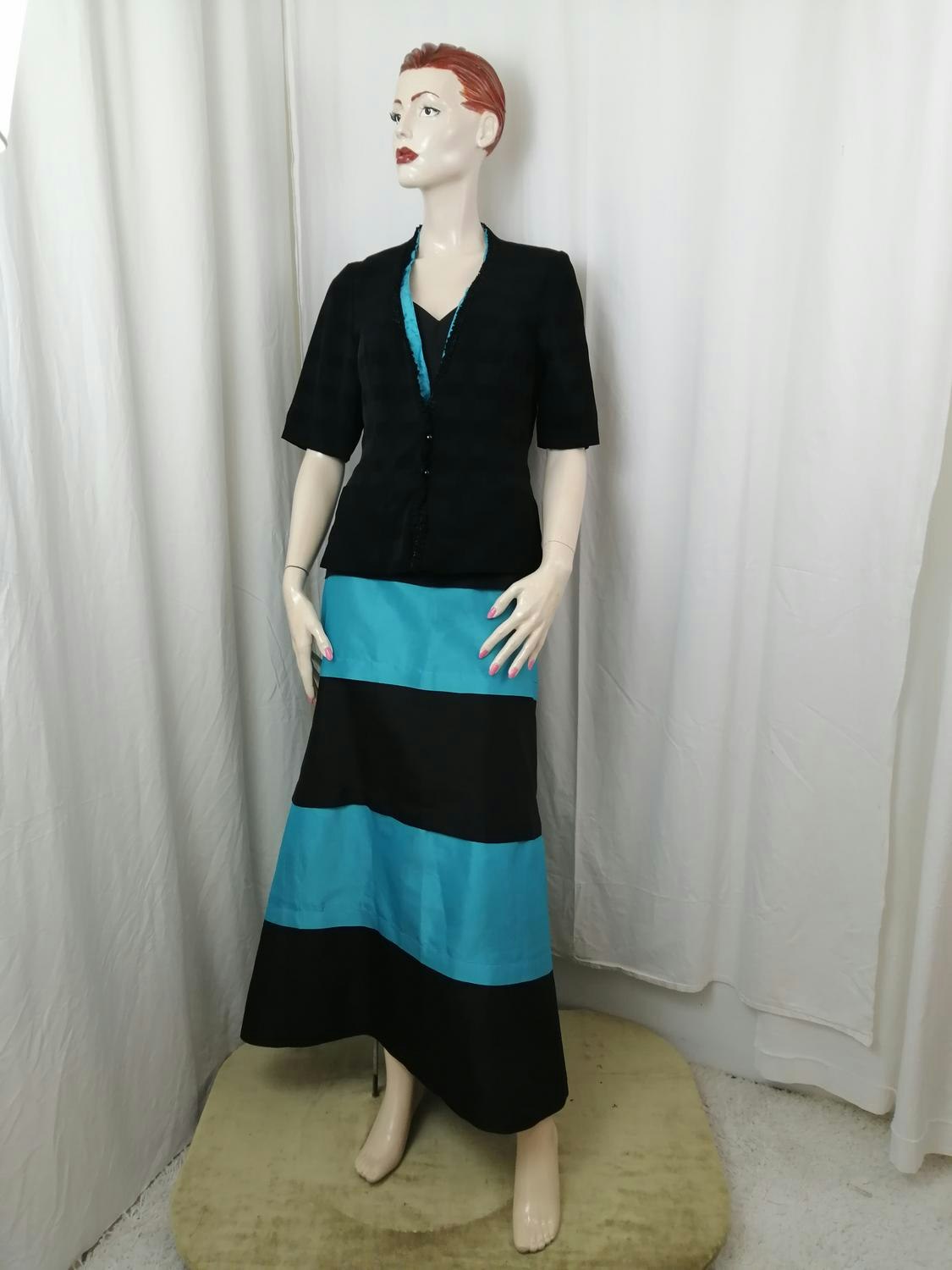 Vintage dress lång randig kjol med blus-jacka svart och turkos - Vintage  Corner Österlen