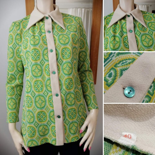 Vintage tunika crimplene gul-grönt mönster ljus krage och detaljer 70-tal