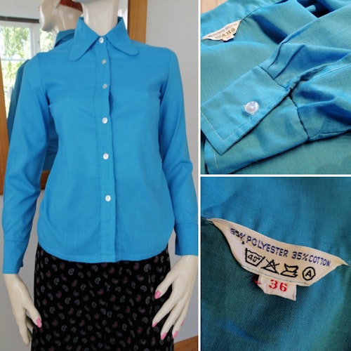 Vintage turkos-blå blus skjorta figursydd rundade kragsnibbar lång ärm 70-tal