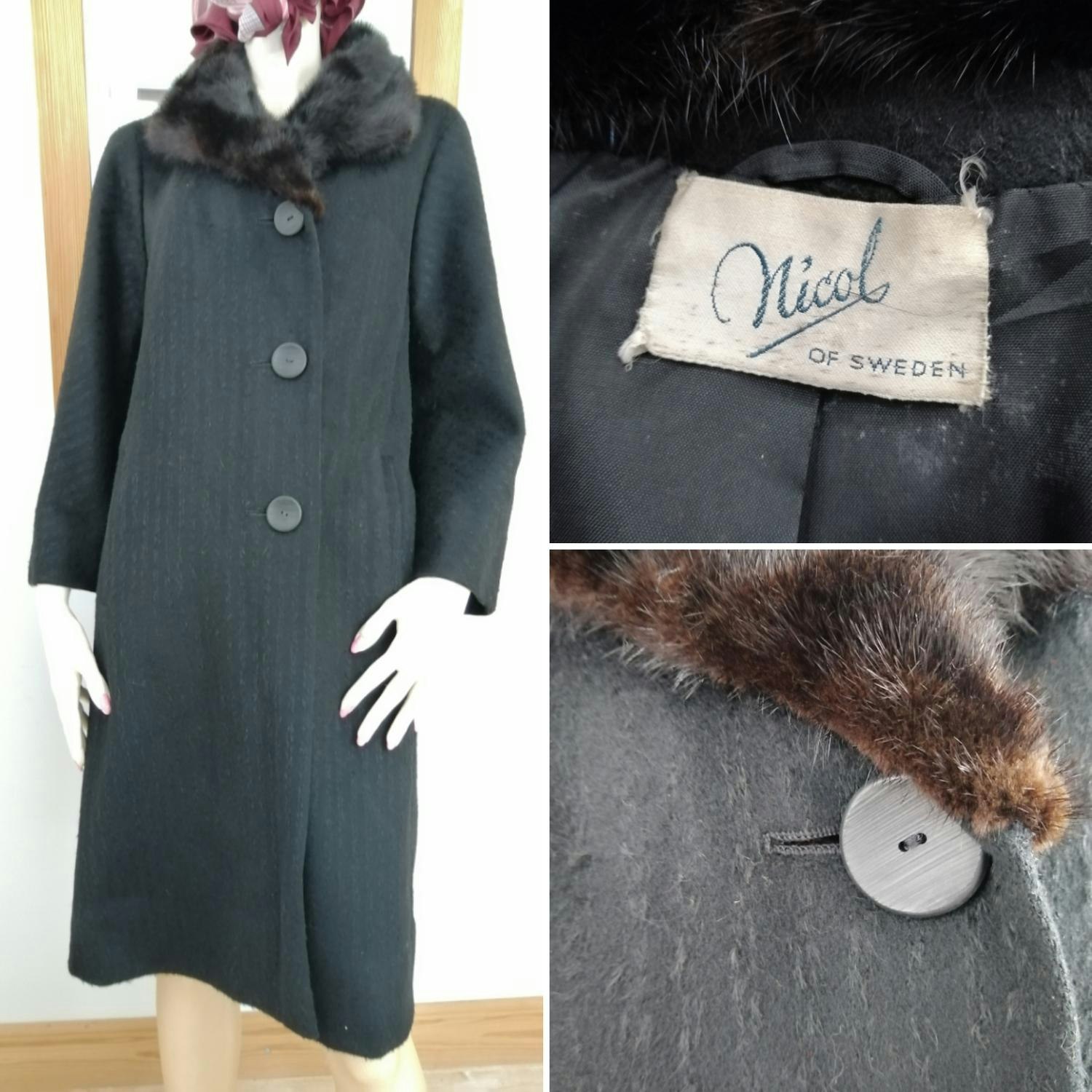 Vintage svart kappa med pälskrage A-linje strukturerad 5060-tal - Vintage  Corner Österlen