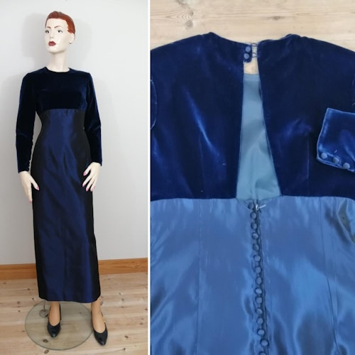 Vintage långklänning empireskuren smal blå sammets-top bar rygg 60-tal