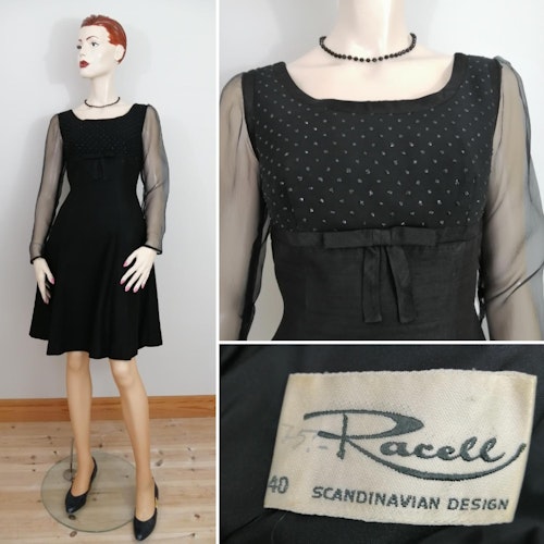 Vintage cocktail-klänning festklänning svart med glitter genomsk ärm 60-tal