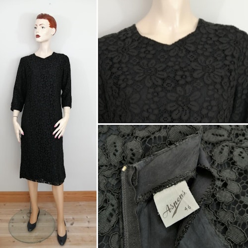 Vintage rak svart spetsklänning halvlång ärm Aspens 5060-tal