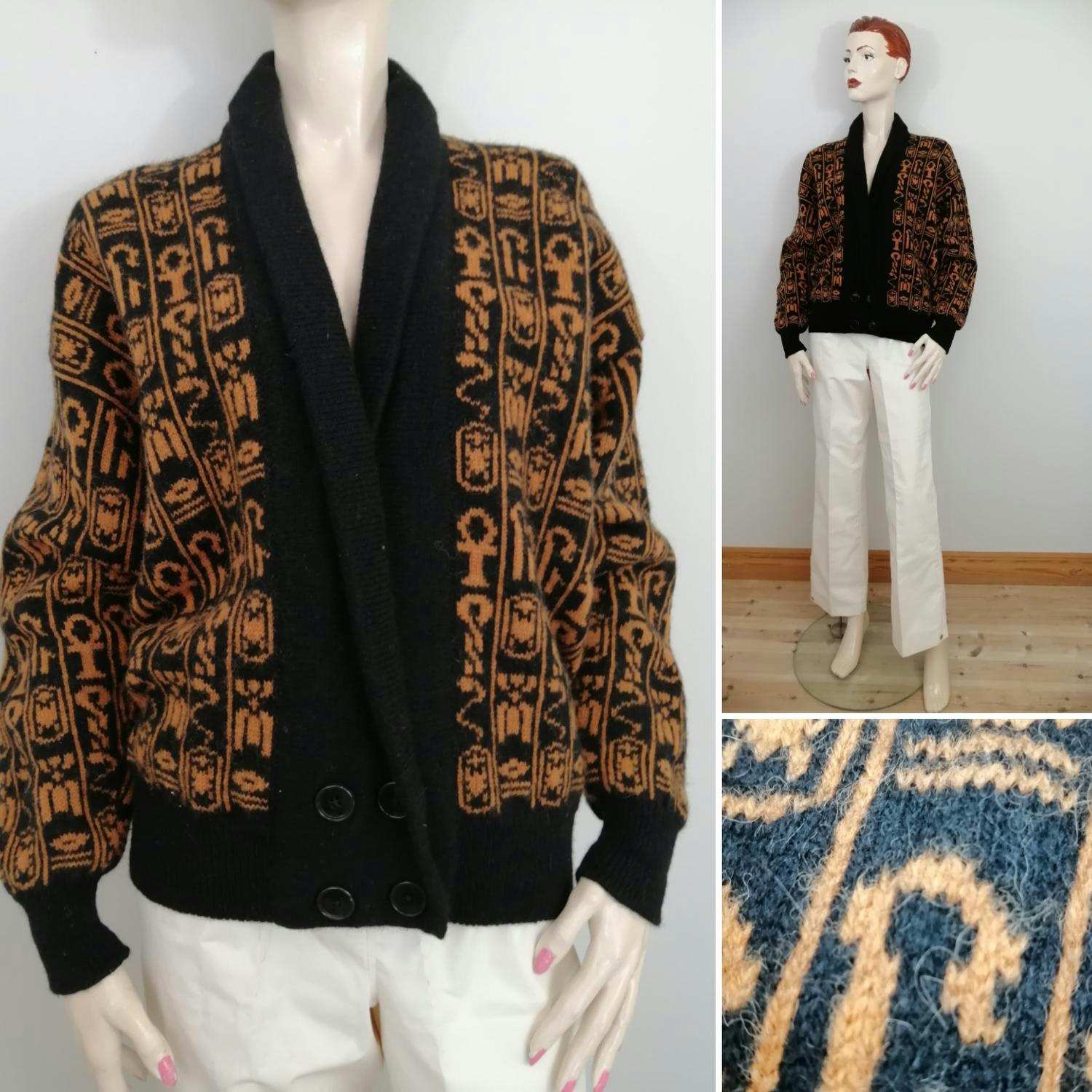 Second Hand tjock tröja kofta sjalkrage svart orange mönster 80-tal -  Vintage Corner Österlen