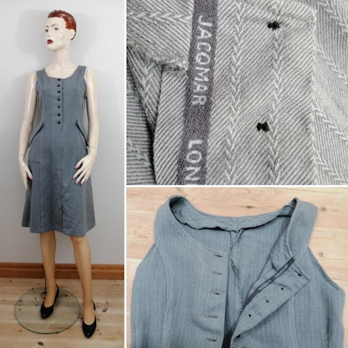 Vintage grå ljusblå ärmlös klänning i ull figursydd markerad midja 4050-tal