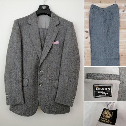 Vintage grå kostym herr ull diskret fiskbensmönstr blå rand 6070-tal