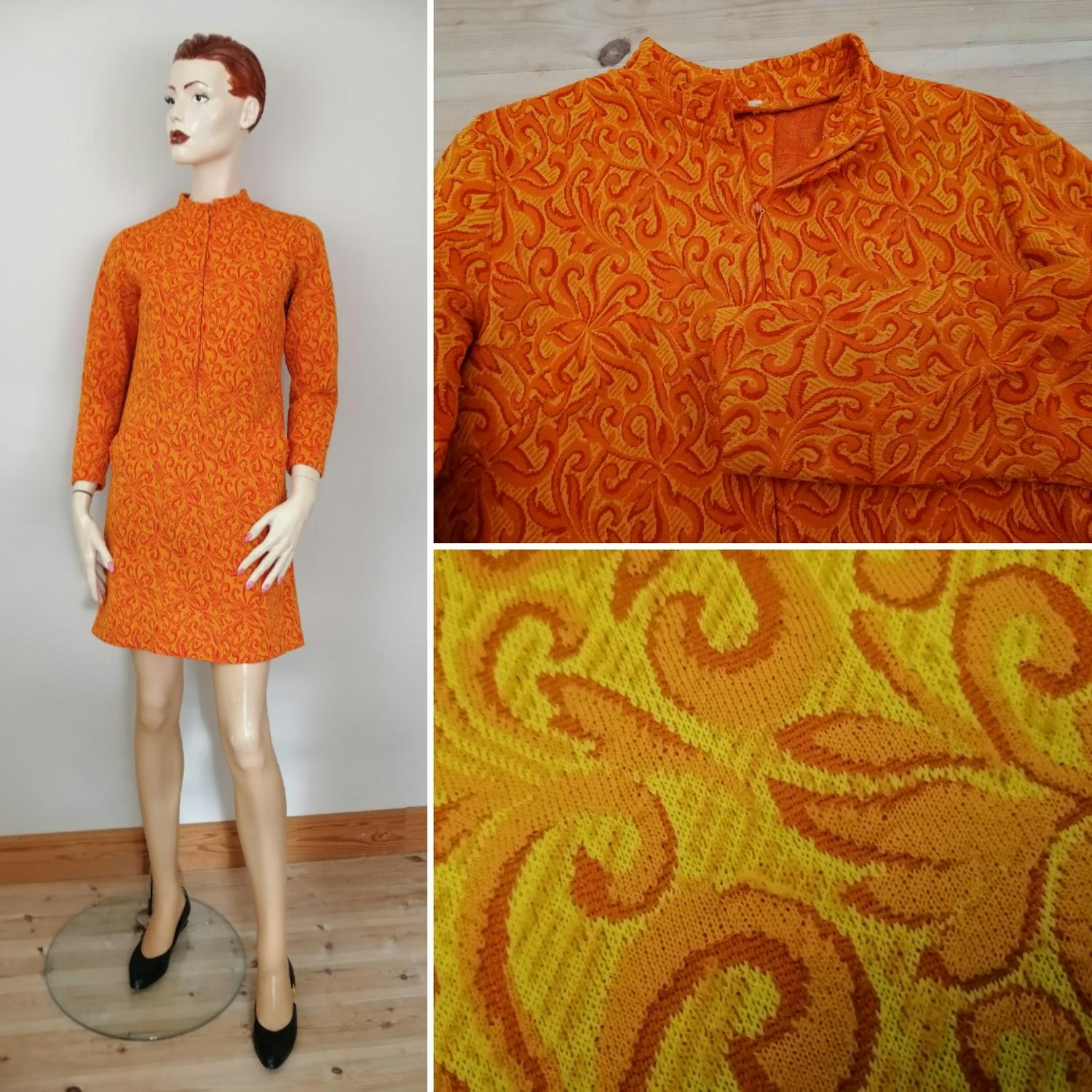 Vintage orange mönstrad kort klänning 60-tal blixtlås fram 60-tal - Vintage  Corner Österlen