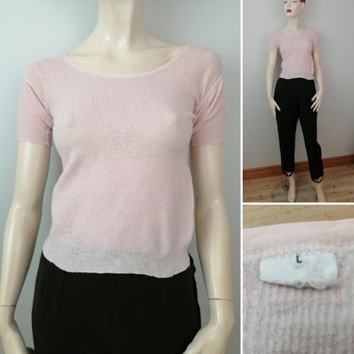 Vintage laxrosa t-shirt undertröja ull-bomull kort ärm kort i midjan