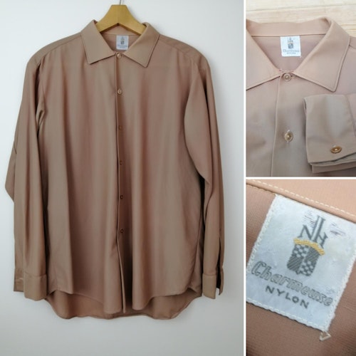 Vintage ljusbrun mörkbeige nylonskjorta chameuese-nylon 5060-tal