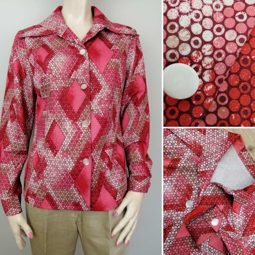 Vintage blus 70-tal mönstrad rosa röd vit lång ärm
