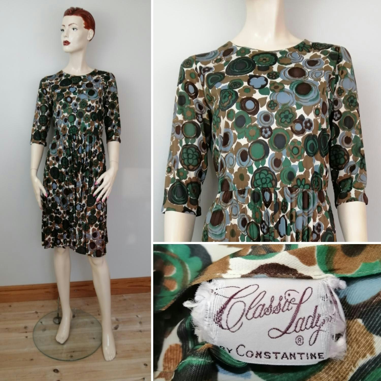 Vintage fin klänning plisserad kjol blommig vit grön blågrå brun 5060-tal -  Vintage Corner Österlen