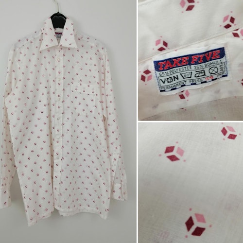 Vintage skjorta 6070-tal vit med mönster i vinrött rosa VDN-märkt