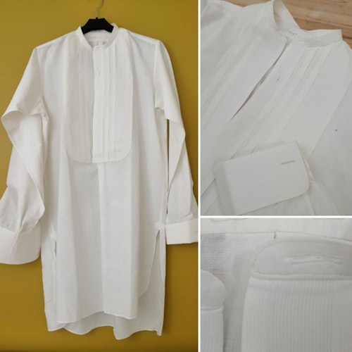 Vintage vit frackskjorta bomull stråveck bröstet stela manschetter