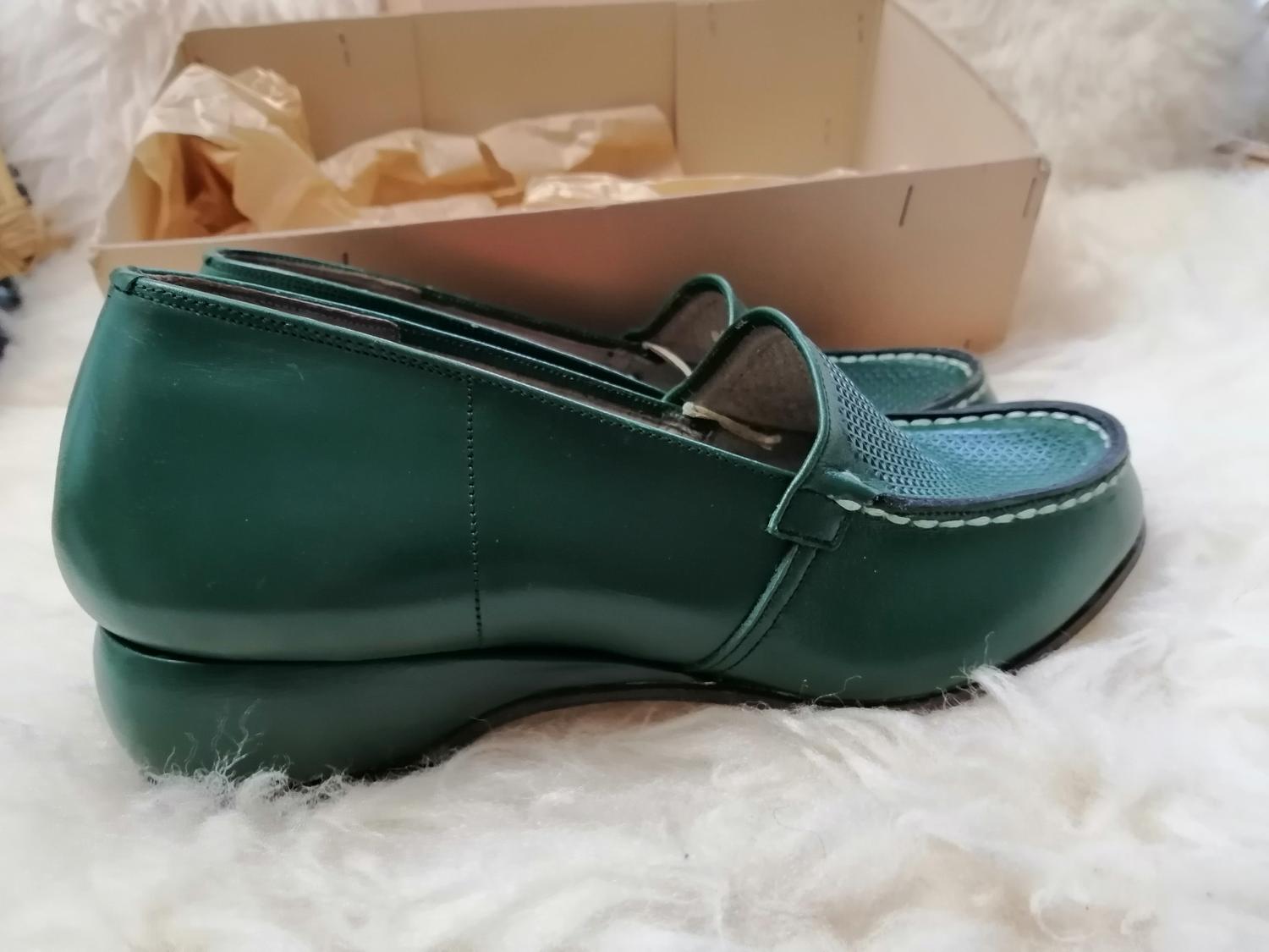 Vintage grön loafers sko Rex dekoration ovansida stl 3,5 ca 36