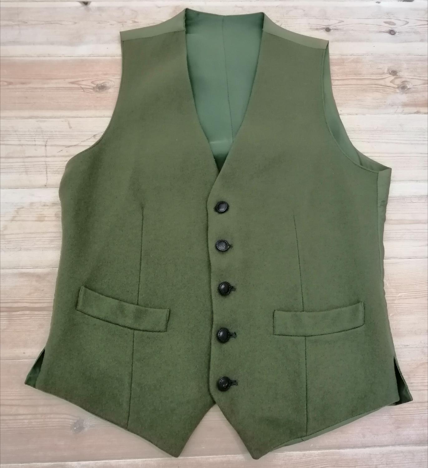 Vintage grön väst ull fram blank bak läderknappar