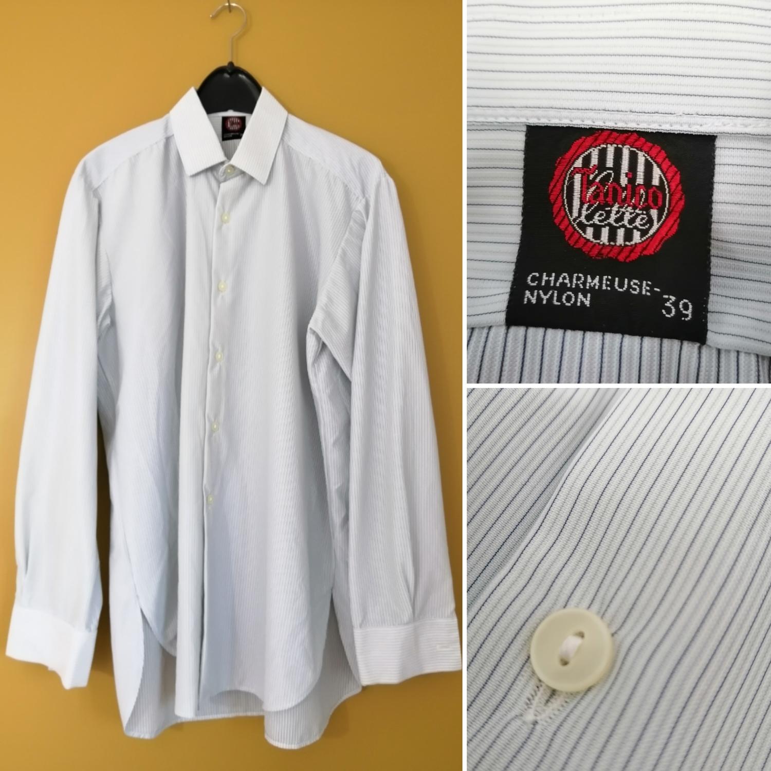 Vintage randig nylonskjorta vit ljusblå lång ärm 5060-tal