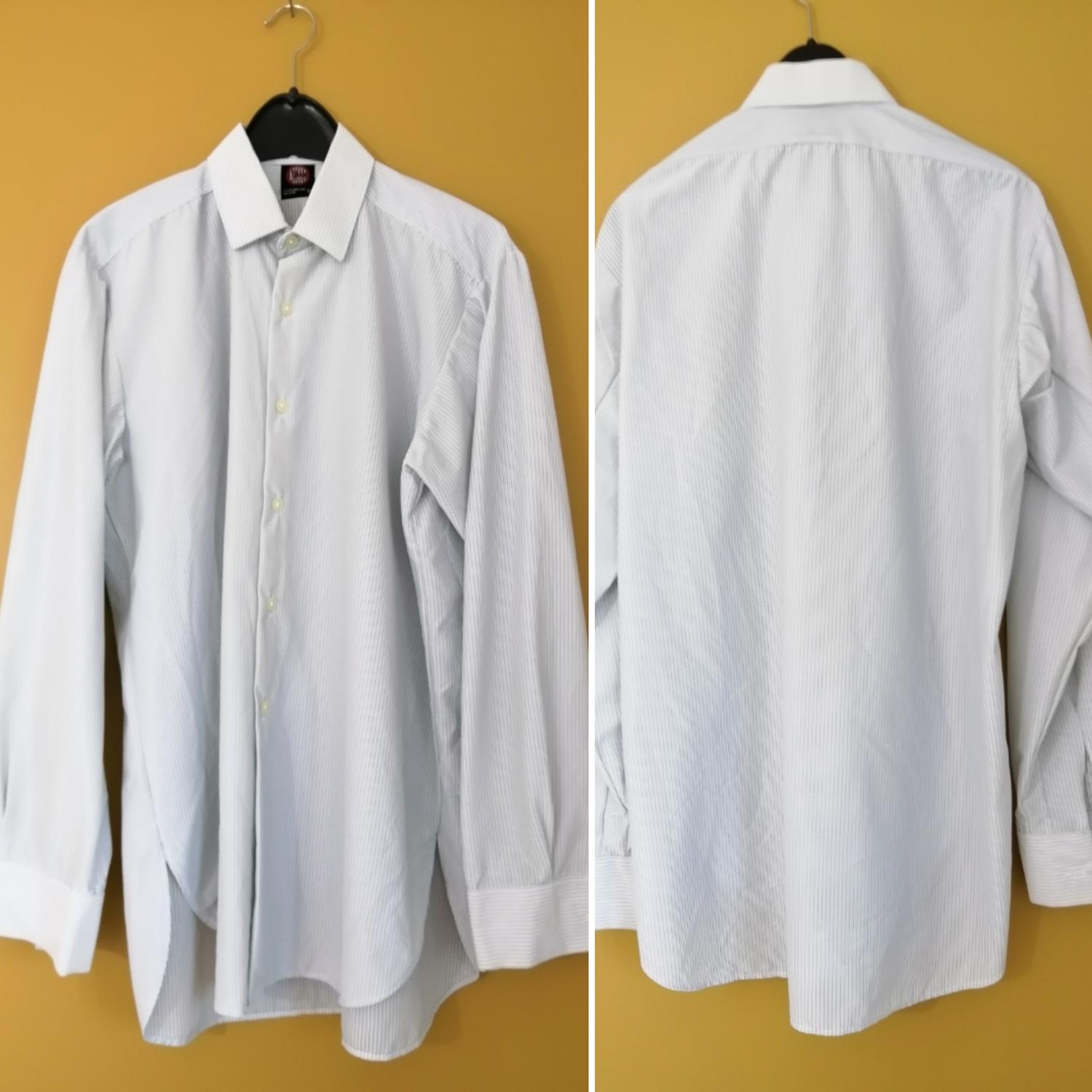Vintage randig nylonskjorta vit ljusblå lång ärm 5060-tal