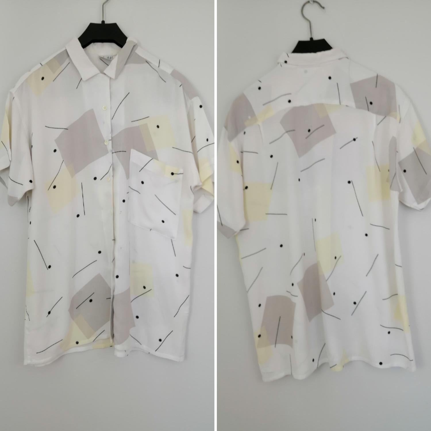 Vintage kortärmad skjorta 80-tal vit med mönster ljusgult mm HM Viscose Unisex