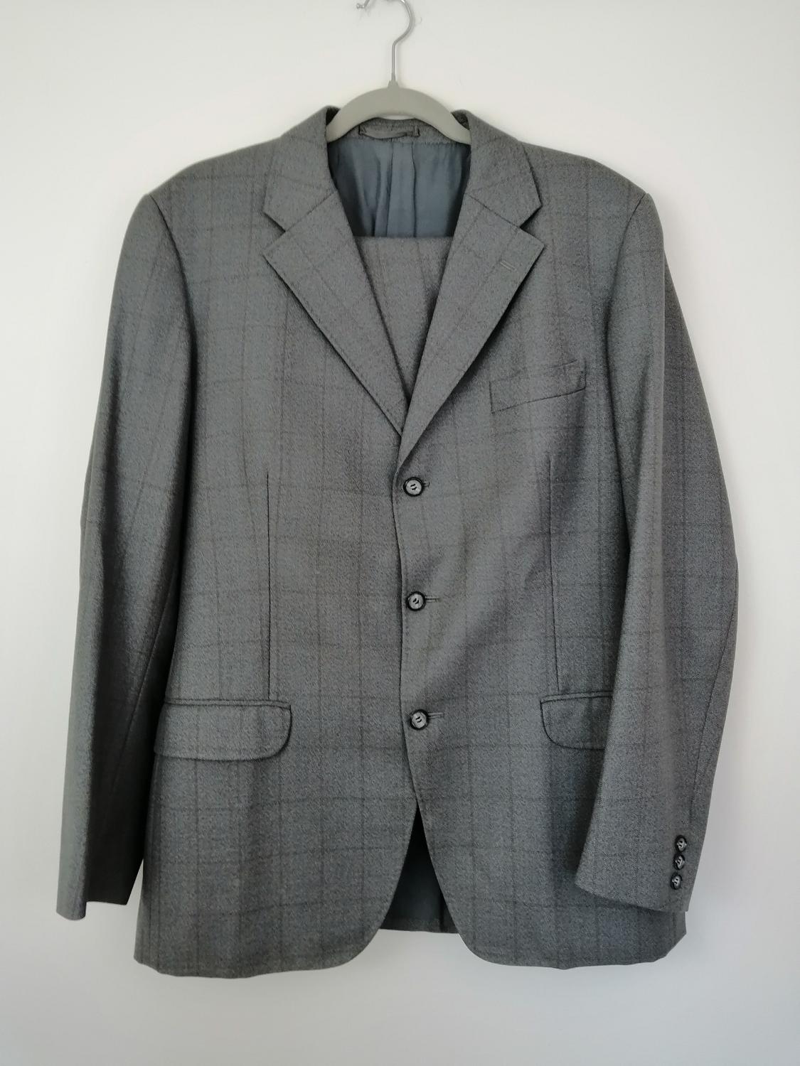 Vintage ljusgrå kostym diskret rutig ljusblå rand byxor slät front 6070-tal