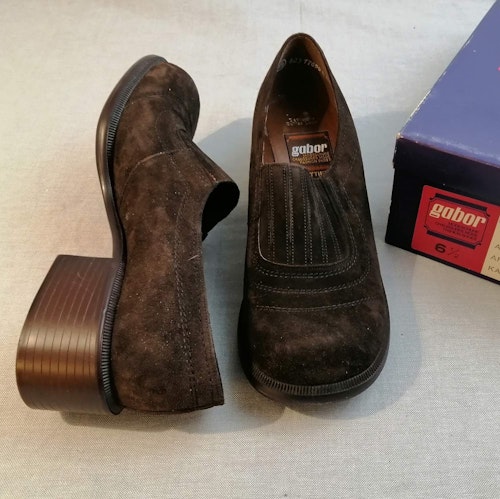 Vintage Gabor brun mocka-sko halvhög resår plösen stl 6,5 ca 40