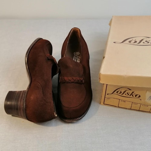 Vintage Löfsko brun halvhög sko mocka fläta plösen stl 2,5 ca 35