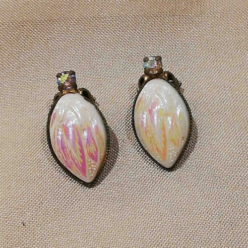 Vintage retro örhängen clips droppformad pärlemor lyster rosa-vita strass