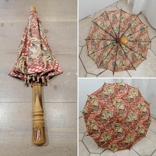 Vintage paraply parasoll platt rödmönstrat tyg trähandtag